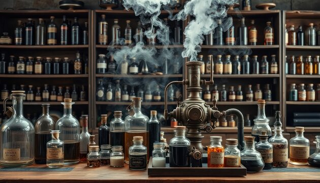 Antique alchemy lab countertop with steam rising from steampunk apparatus. Many glass bottles, jars hold potions, chemicals. Vintage wooden shelves filled with bottles form backdrop. Mysterious,