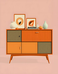 Mid century sideboard isolated. Retro vintage sideboard illustration, pop art, with white tones