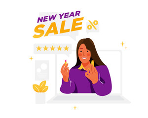 Vector of woman live streaming promote her lipstick on new year sale event