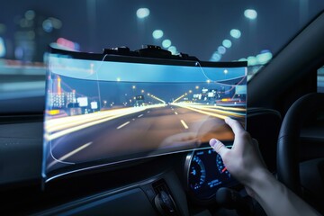 Businessman driving futuristic car with head up display showing road at night