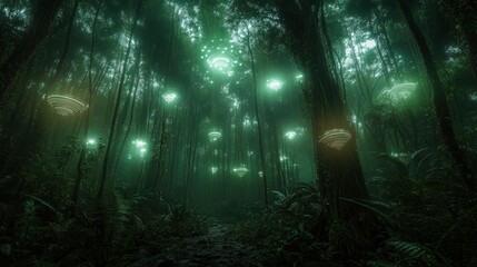 Obraz premium A dense, lush forest filled with AI-powered sensors attached to trees, monitoring biodiversity and environmental health. 