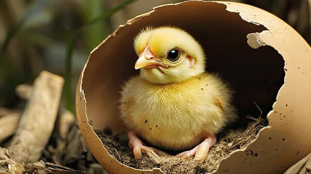 New Beginnings: A tiny chickling peeks out from its broken eggshell, symbolizing a fresh start and the beauty of new life.  