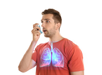 Young man with asthma using inhaler on white background. Illustration of lungs