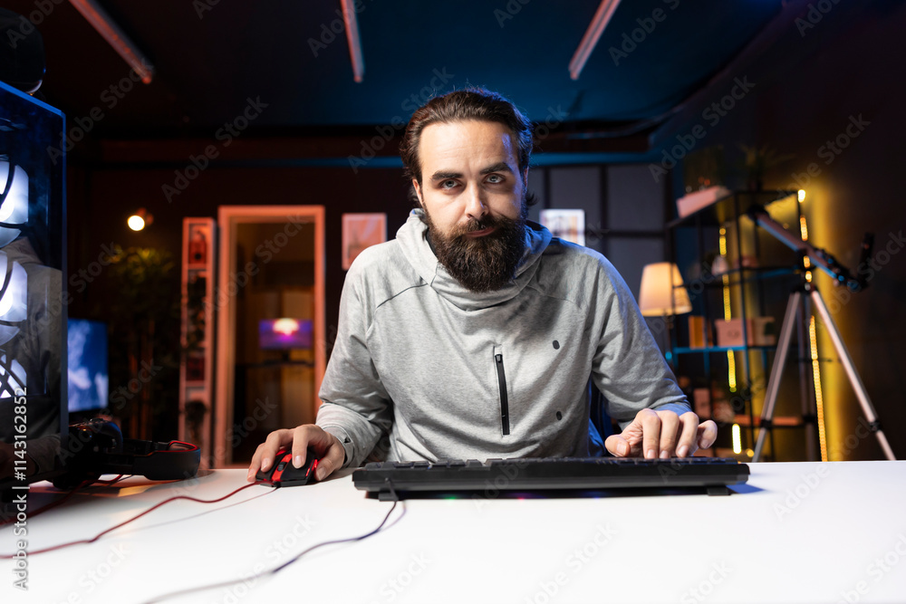 Aufkleber man using gaming mouse and keyboard to play entertaining videogame, moving character. pro gamer usin