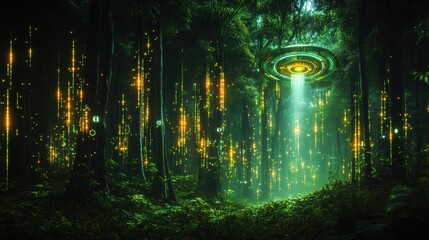 Fototapeta premium A dense, lush forest filled with AI-powered sensors attached to trees, monitoring biodiversity and environmental health. 
