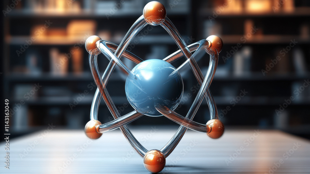Poster 3d illustration of atomic orbital model in physics classroom setting