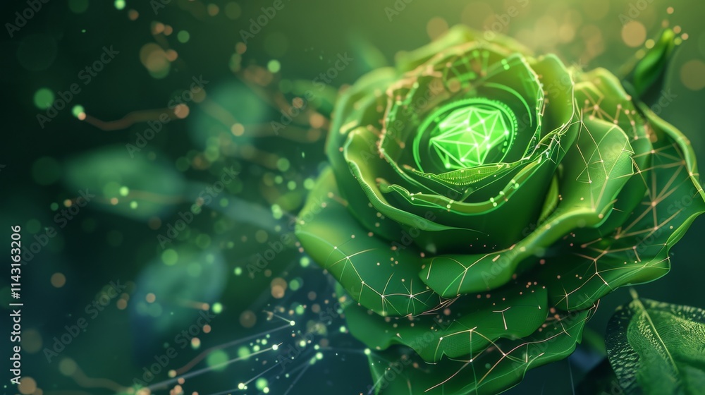 Aufkleber digital rendering of a green rose with a glowing geometric center, blending nature and technology in