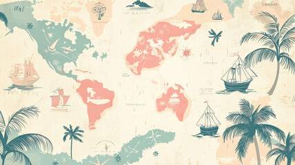 Obraz premium A vintage-inspired summer travel map with charming islands, swaying palm trees, and retro-style icons, designed in muted pastel tones for a nostalgic and adventurous aesthetic.