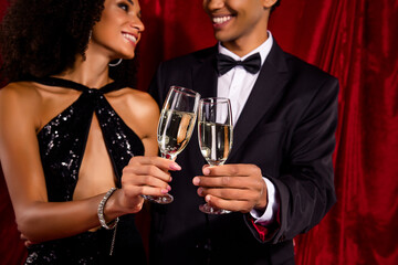 Photo of happy people sweet couple enjoying festive event wedding anniversary over red fabric background