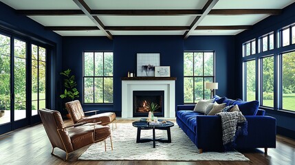 Fototapeta premium Modern living room with navy walls, fireplace, and large windows.