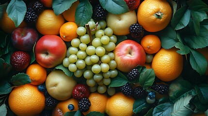 Vibrant assortment of fresh fruits including apples, oranges, grapes, berries, and plums, arranged with green leaves.