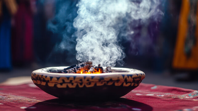 Sacred Embers Smoking in Shamanic Dish at Native American Cultural Festival