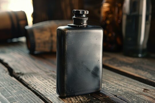 Old rugged metal flask sitting on rustic wooden tabletop with other vintage bottles in background out of focus