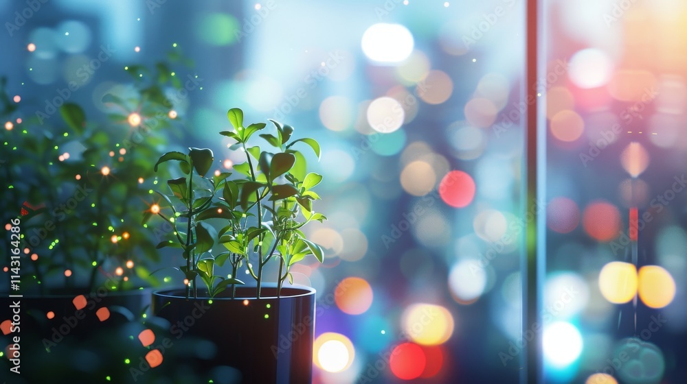 Poster elegant potted plants with minimalist design, illuminated by soft lights and bokeh in a calm urban b