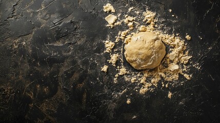 A ball of dough is accompanied by scattered flour on a dark textured surface, invoking a sense of homemade rustic cooking and casual culinary preparation.