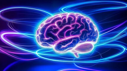 Psychology Emotions Motivation Colorful digital brain illustration with glowing abstract lines.