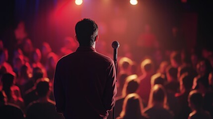 Person speaking, microphone, dimly lit crowd.