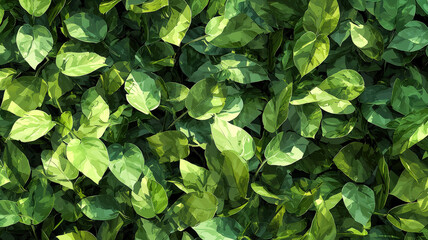 A rich jungle foliage texture featuring overlapping tropical leaves in vibrant shades of green, accented with soft, natural shadows for depth, creating a lively and immersive tropical atmosphere.