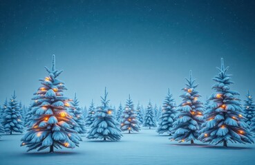 Winter wonderland scene shows snow-covered Christmas trees with glowing lights under starlit sky. Festive, serene landscape. Christmas decorations illuminate frosty forest. Peaceful evening scene.
