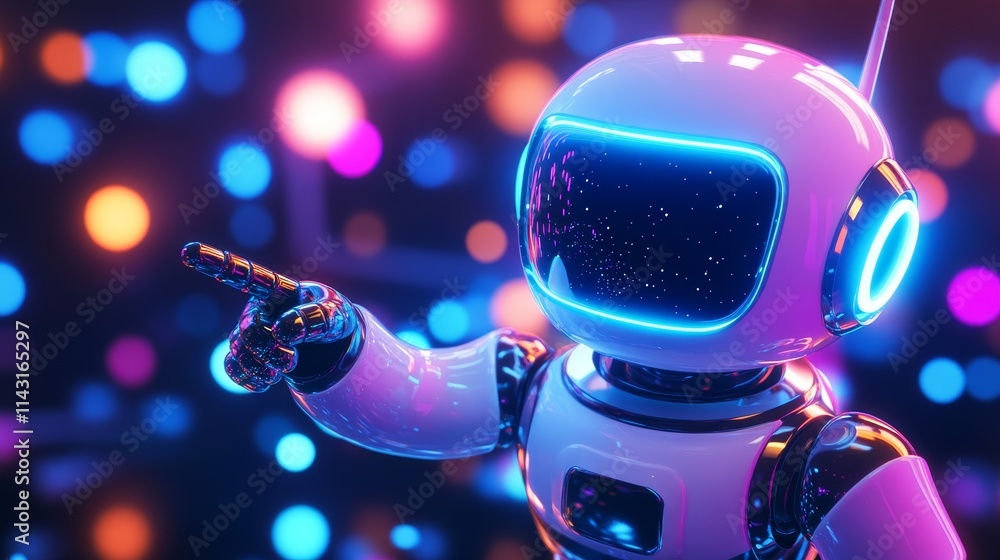 Poster a sleek robot character illuminated by vibrant neon lights, showcasing a modern design and interacti