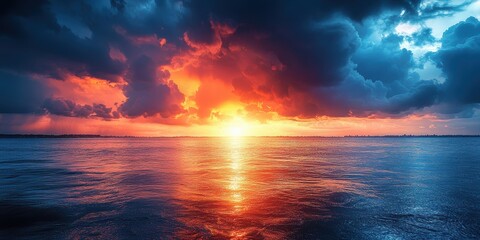 Fototapeta premium Breathtaking Oceanic Sunset Displaying a Splendid Mix of Fiery Red and Cool Blue Hues with Dramatic Clouds Reflecting Across Serene Waters