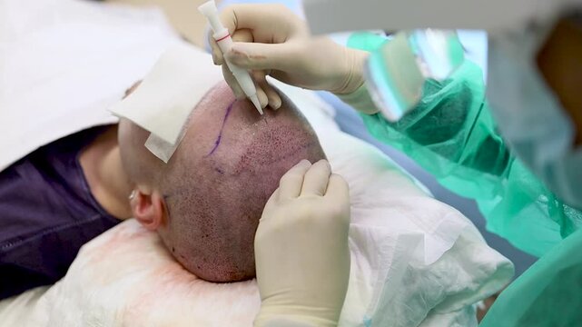 Video of an unrecognizable surgeon performs an operation to make a hair implant on a man in a clinic. Concept of Hair Graft or Implant. Trichology.