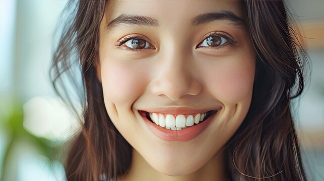 Close-up portrait of a smiling young woman with dimples and long brown hair.