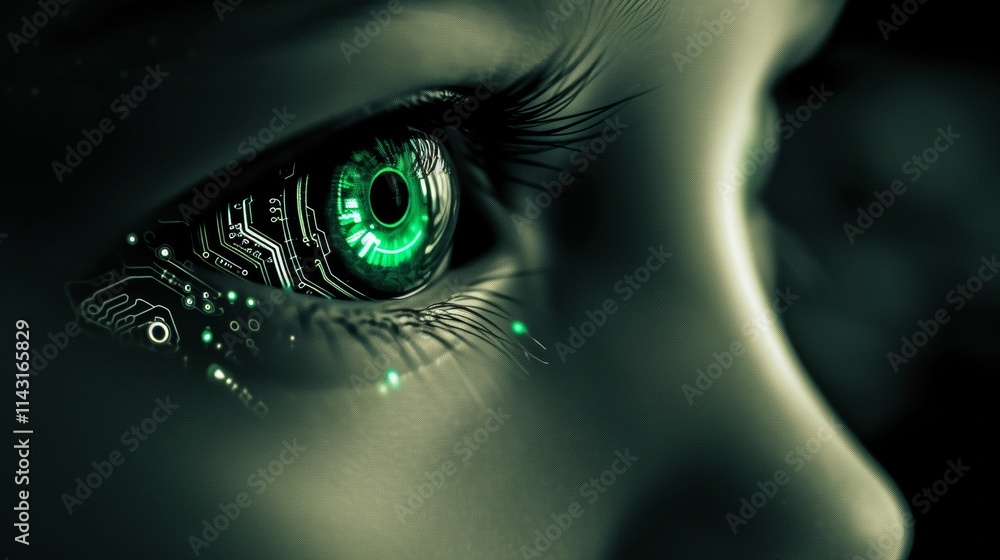 Poster futuristic close-up of a cybernetic green eye with circuit patterns, radiating a technological glow 