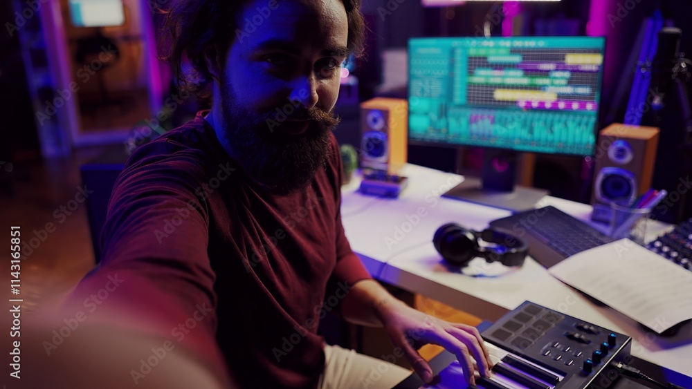 Poster POV of musician playing on synthesizer for online piano lessons in his home studio. Singer songwriter filming vlog teaching about musical instruments, midi controller keyboard. Camera A.