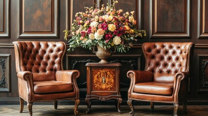 Two vintage brown leather armchairs flank an ornate wooden table with a lavish arrangement of colorful flowers, set against a classic wooden-paneled wall.