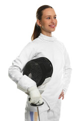 Smiling fencer with protective mask and epee on white background