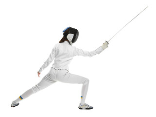 Fencer with epee practicing on white background