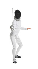 Fencer with epee practicing on white background