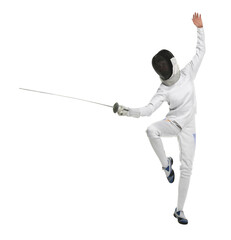 Fencer with epee practicing on white background