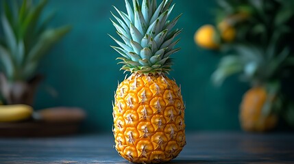 Fresh pineapple on a dark wooden table with blurred background of other tropical fruits and plants.