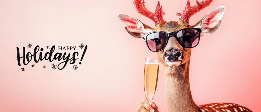 Festive Deer with Sunglasses Celebrates Happy Holidays with Champagne
