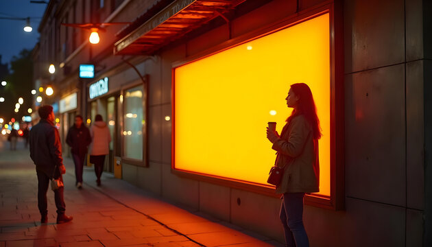 valla publicitaria luminosa en amarillo en la calle y gente paseando. De noche