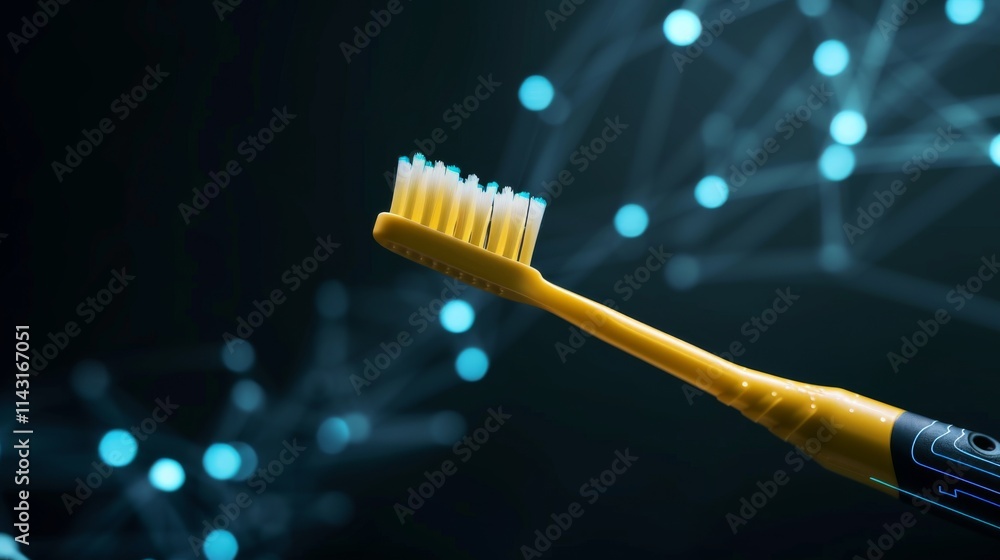 Poster high-tech electric toothbrush displayed against a futuristic network-themed background with glowing 