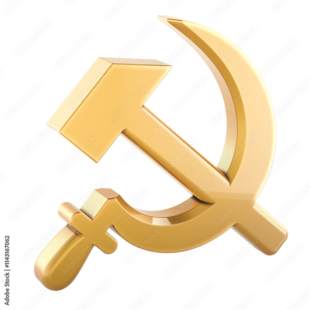 Poster golden hammer and sickle, logotype. 3d rendering isolated on transparent background