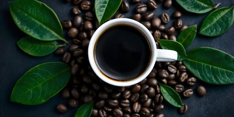 Fototapeta premium Freshly Brewed Coffee with Aromatic Beans and Leaves