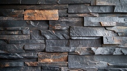 A textured wall made of dark stone slabs, showcasing a modern and natural aesthetic suitable for interior design.