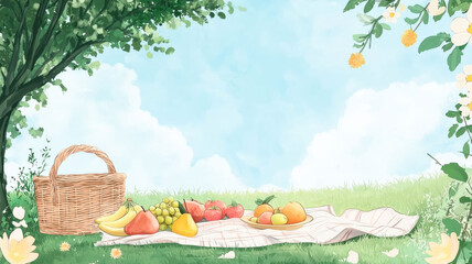 Fototapeta premium A whimsical drawing of a picnic in a park with a checkered blanket, a basket, fresh fruits, and a clear blue sky, creating a cheerful and serene outdoor scene.