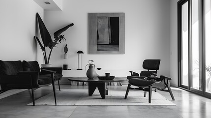 Minimalist black-and-white themed living room with clean lines and contrasting furniture,