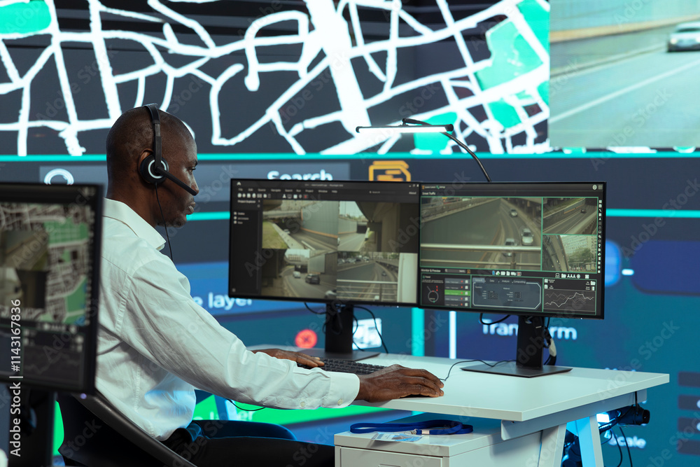 Poster african american call center operator updating clients on possible order delays due to heavy traffic