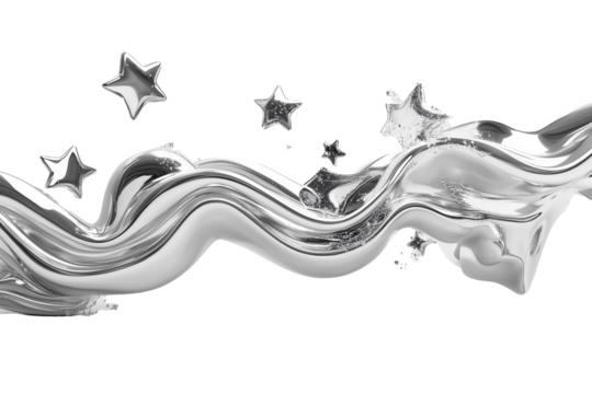 Chrome metal organic liquid shapes and stars on transparent background
