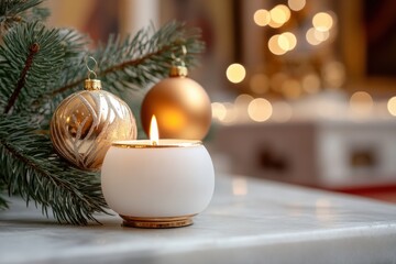 holiday church decor, intricately decorated orthodox christmas church with pine branches, golden ornaments, and candlelight illuminating ancient frescoes add text