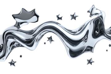 Chrome metal organic liquid shapes and stars on transparent background