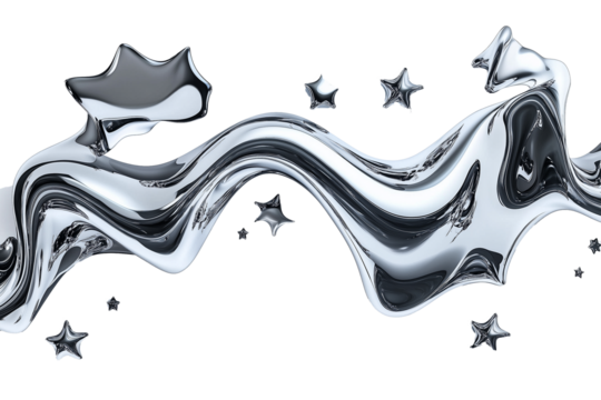 Chrome metal organic liquid shapes and stars on transparent background