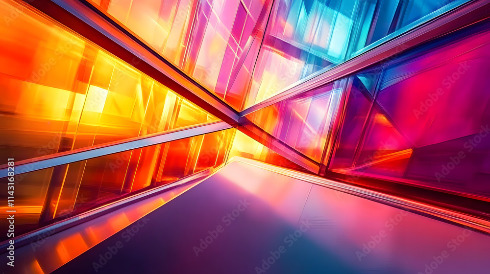 Poster a vibrant abstract design showcasing colorful light reflections through angular glass shapes, creati