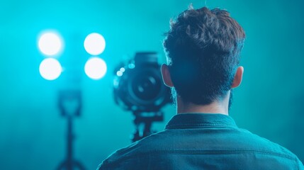 Technician Setting Up Lighting Equipment for Photography or Filming in a Modern Studio Environment